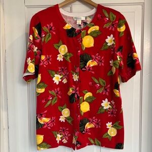 CJ Banks Women’s Red Floral Spring Lemon Short Sleeve Cardigan Size XL